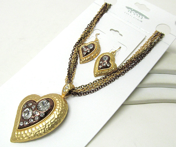 Crystal heart hammar texture drop with multi metal chain necklace earring set