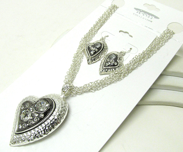 Crystal heart hammar texture drop with multi metal chain necklace earring set