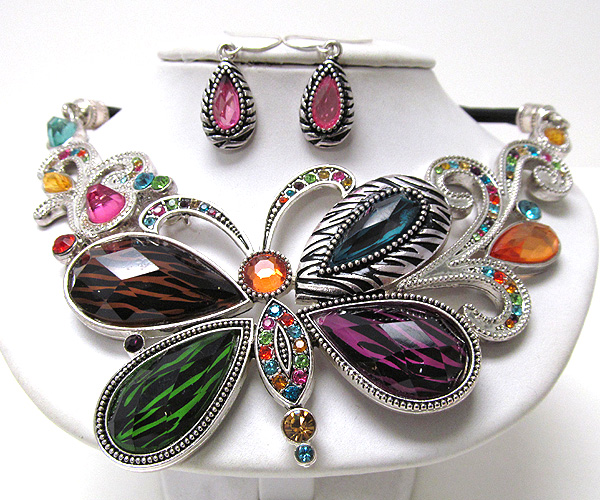 Animal print and multi crystal curve sides and drop deco butterfly pendant cord necklace earring set