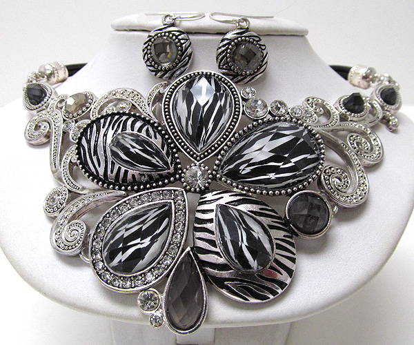 Animal print and multi crystal curve sides and drop deco flower pendant cord necklace earring set