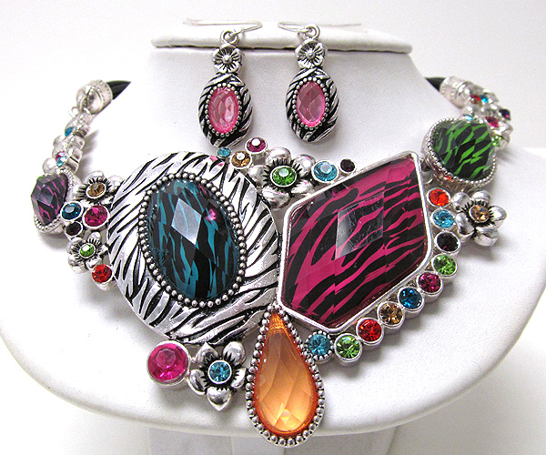 Animal print and crystal deco geometric pendant cord necklace earring set