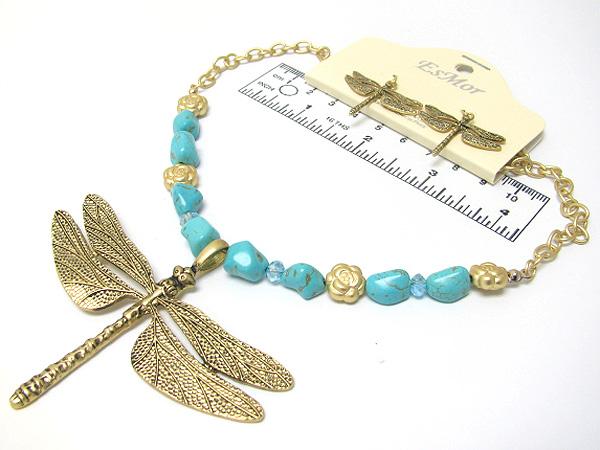 Turquoise stone and crystal glass drop large metal dragonfly pandant necklace earring set