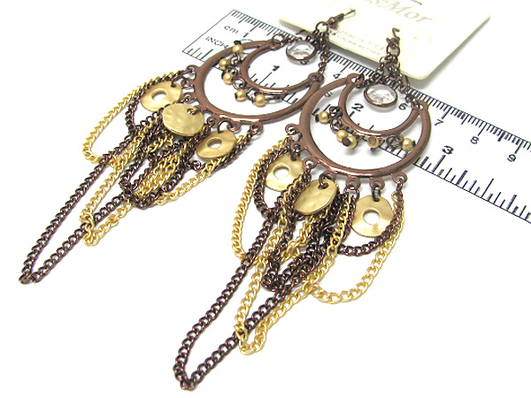 Crystal glass center drop metal multi chain and multi disk drop earring