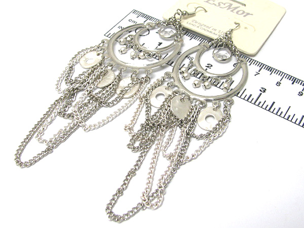 Crystal glass center drop metal multi chain and multi disk drop earring