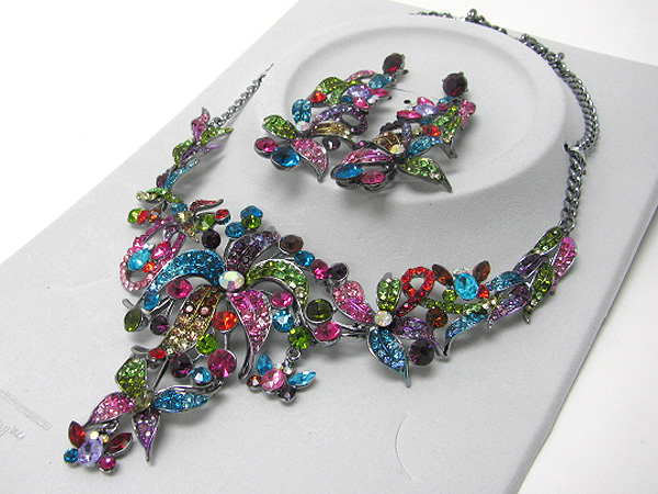 Luxurious austrian crystal flower and butterfly deco party necklace earring set