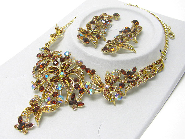 Luxurious austrian crystal flower and butterfly deco party necklace earring set