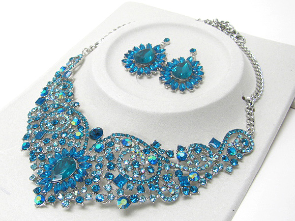 Luxurious austrian crystal textured center tear drop deco party necklace earring set