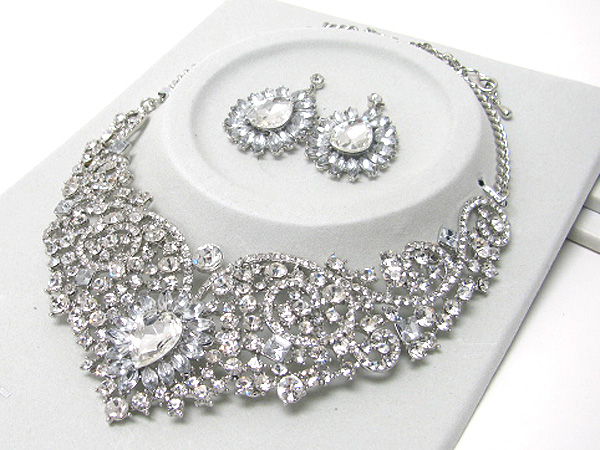 Luxurious austrian crystal textured center tear drop deco party necklace earring set