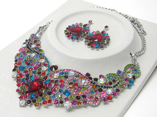 Luxurious austrian crystal textured center tear drop deco party necklace earring set