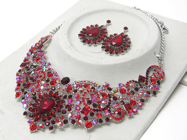 Luxurious austrian crystal textured center tear drop deco party necklace earring set