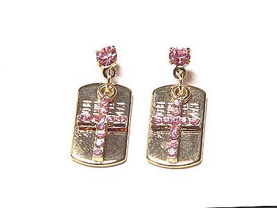 14k gold plating small dogtag and crystal cross earring