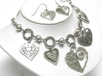 Antique style multi metal heart dangle neckalce and earring set