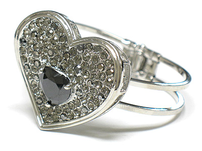 Cubic center crystal heart hinge bangle 