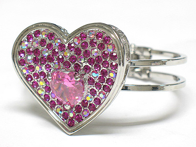 Cubic center crystal heart hinge bangle 