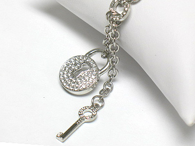 Crystal lock and key pendant long drop necklace