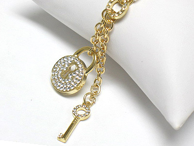 Crystal lock and key pendant long drop necklace