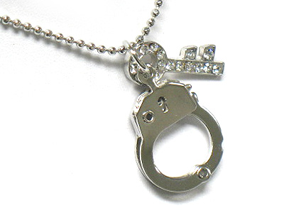 Crystal key and handcuff pendant drop necklace