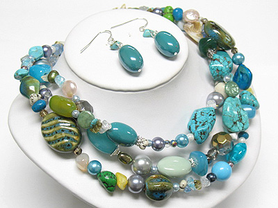 Triple layer genuine stone and multi beads necklace and earring set