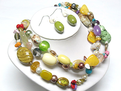 Triple layer genuine stone and multi beads necklace and earring set