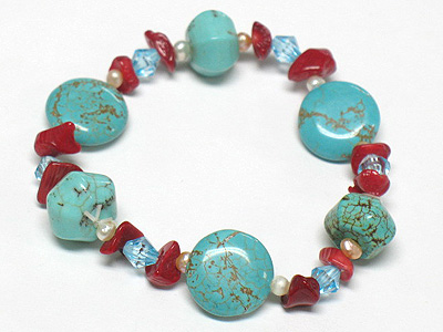 Turquoise and coral stretch bracelet