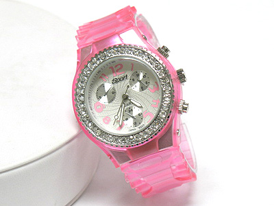 Crystal side deco face rubber band watch