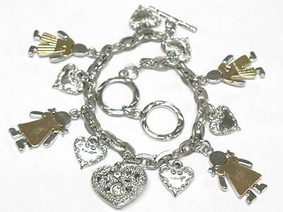 Crystal stud boy and girl charm dangle bracelet