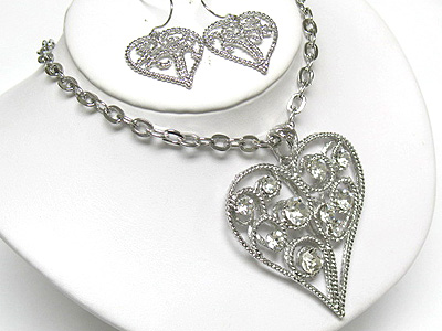 Crystal bubbled metal filigree heart necklace and earring set