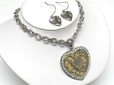 Crystal edged metal filigree heart necklace and earring set