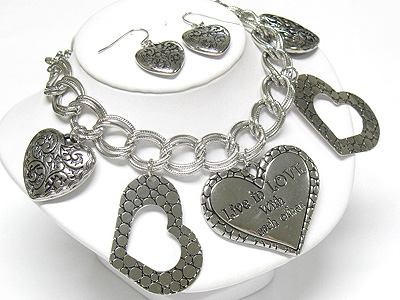 Love theme multi heart dangle chain necklace and earring set