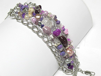 Multi row natural stone and beads and metal chain bracelet