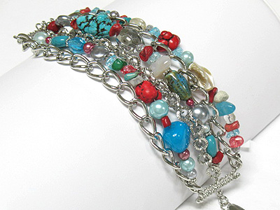 Multi row natural stone and beads and metal chain bracelet