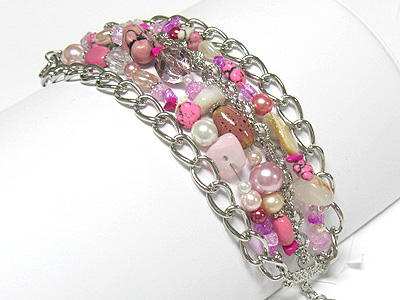 Multi row natural stone and beads and metal chain bracelet