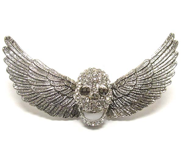 Crystal deco laughing skull and angel wing stretch ring