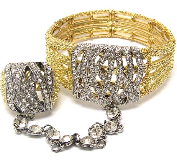 Crystal deco woven metal deco stretch bracelet and ring set