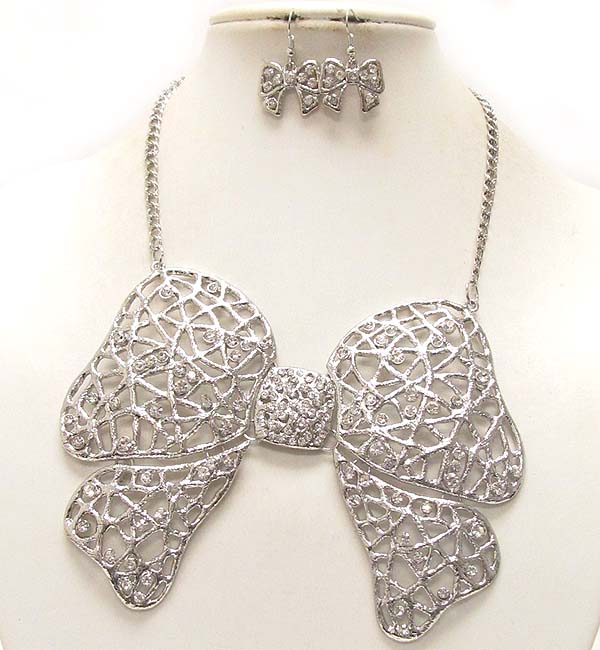 Crystal deco metal filigree large ribbon necklace and earring set