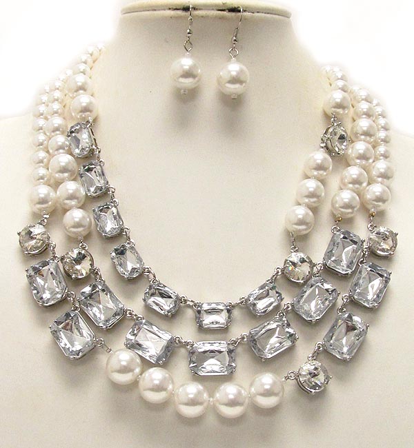 Square facet glass stone and multi pearl drop three layer necklace earring set