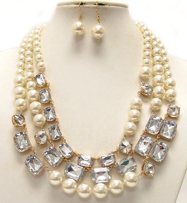 Square facet glass stone and multi pearl drop three layer necklace earring set