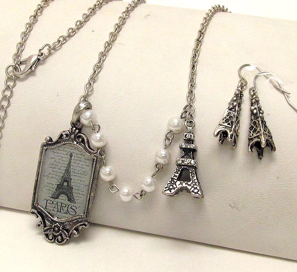 Metal textured with paris eifel pic and pearl paris eifel tower drop dangle necklace earring set