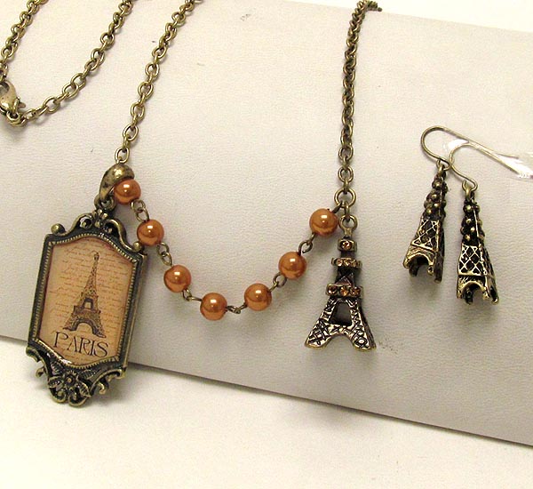 Metal textured with paris eifel pic and pearl paris eifel tower drop dangle necklace earring set