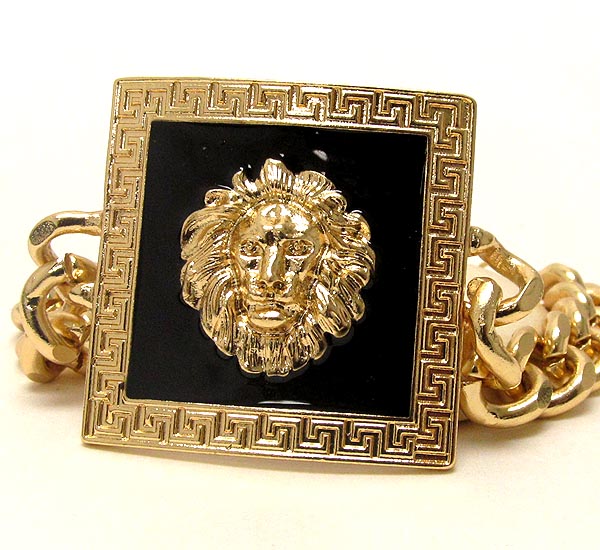 Rihanna style metal square epoxy and textured lion head chain bracelet