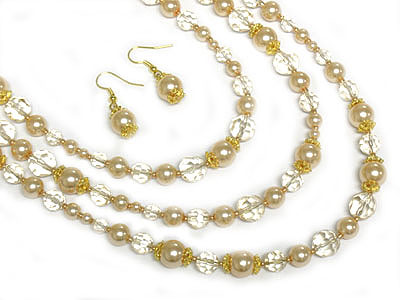 Triple strand pearl and glass bead necklace set