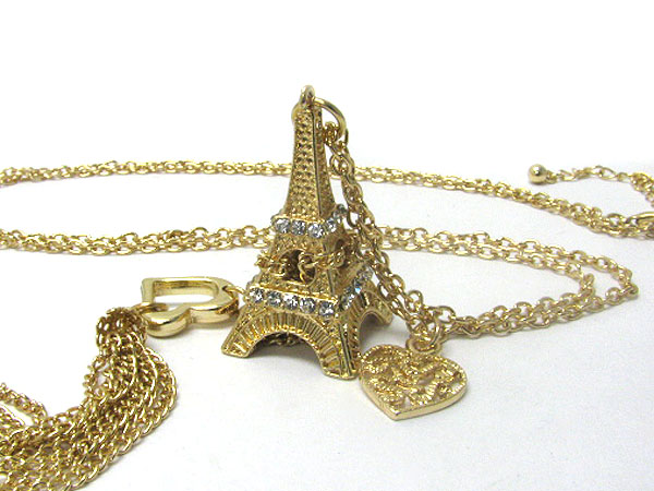 Crystal deco 3d metal eiffel tower long necklace