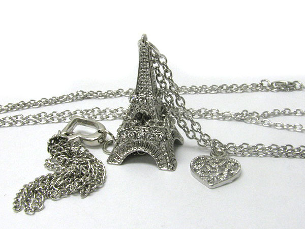 Crystal deco 3d metal eiffel tower long necklace