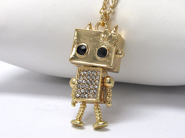 Crystal stud body 3d metal square robot long necklace