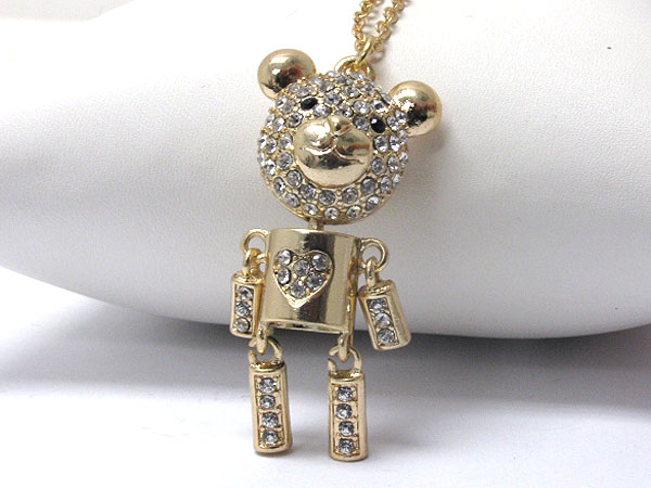 Crystal deco large bear robot long necklace