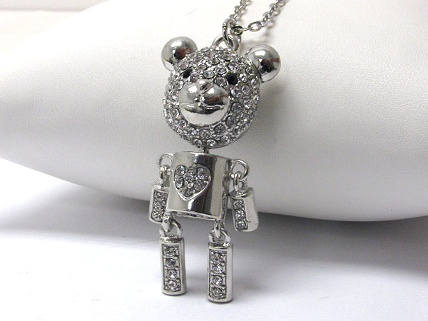 Crystal deco large bear robot long necklace