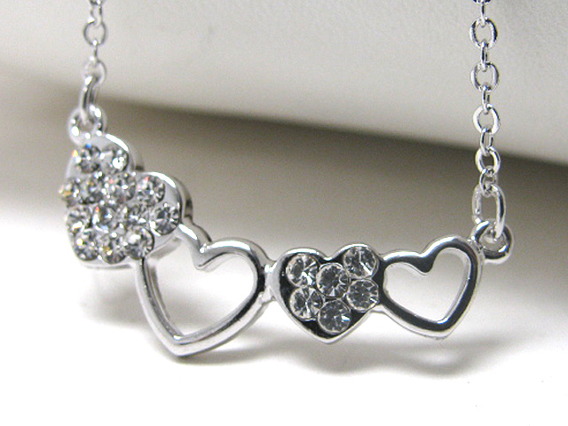 Made in korea whitegold plating crystal stud four heart chain tied necklace