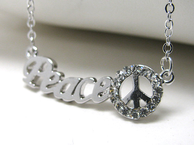 Made in korea whitegold plating crystal stud peace mark chain tied necklace