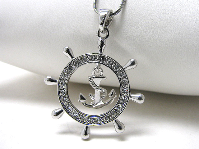 Made in korea whitegold plating crystal stud nautical wheel pendant necklace