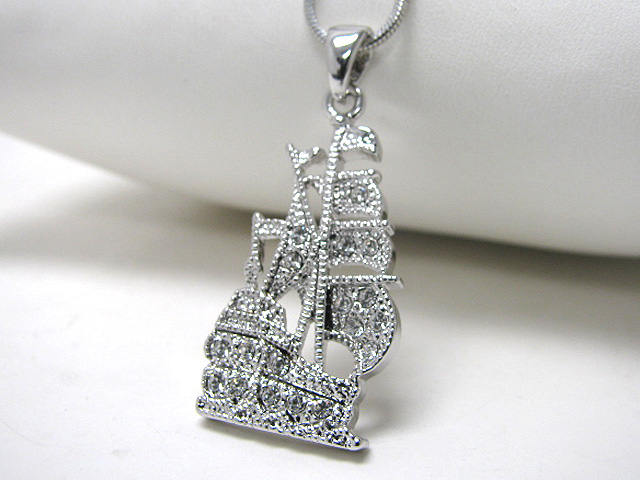 Made in korea whitegold plating crystal studsail boat pendant necklace